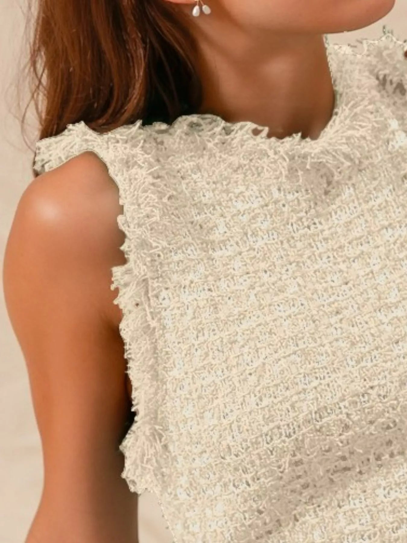 Oatmeal tweed knit sweater vest top with textured fabric and frayed armholes
