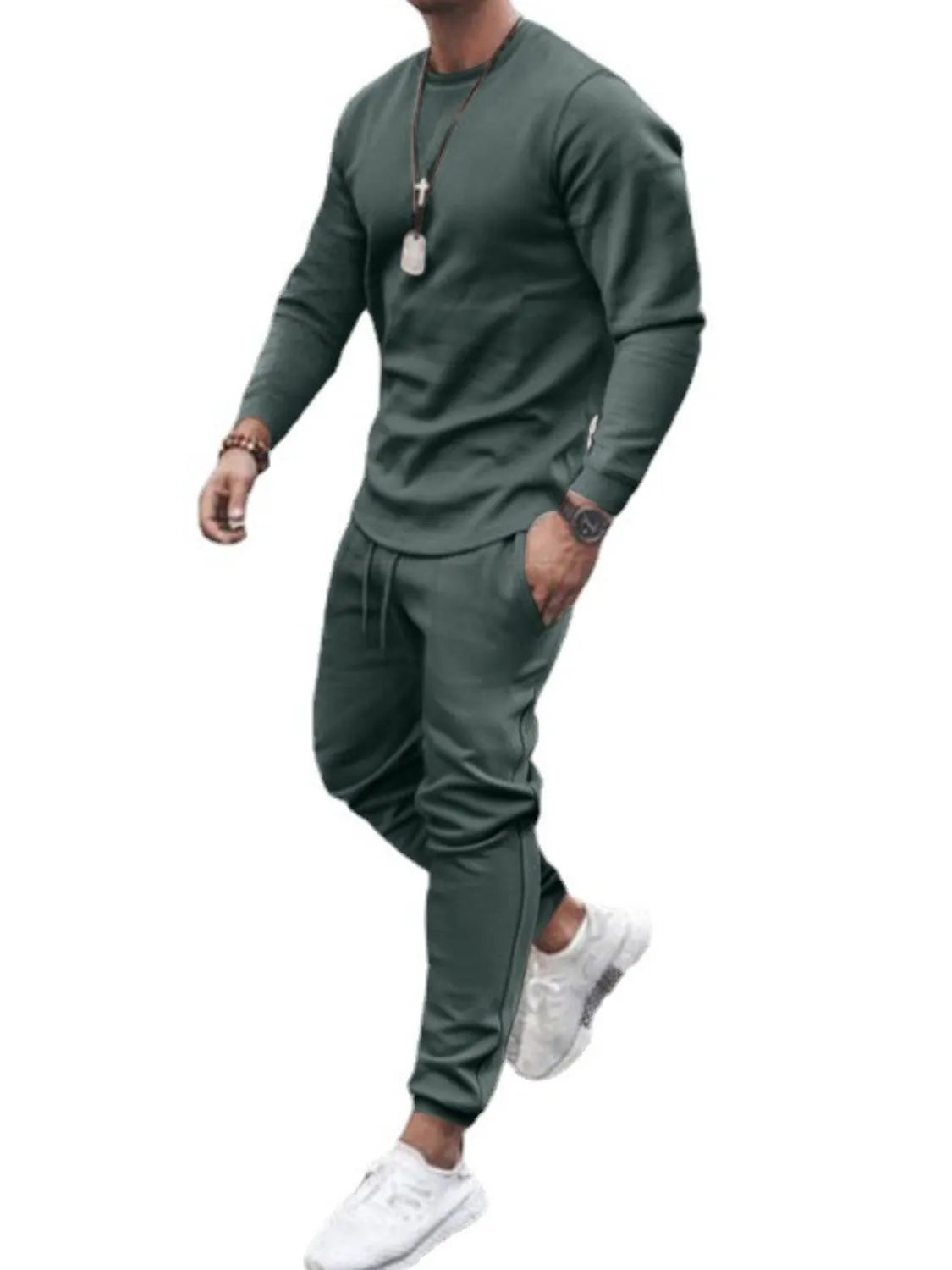 Men's long-sleeve crew-neck top and jogger pants set, dark green