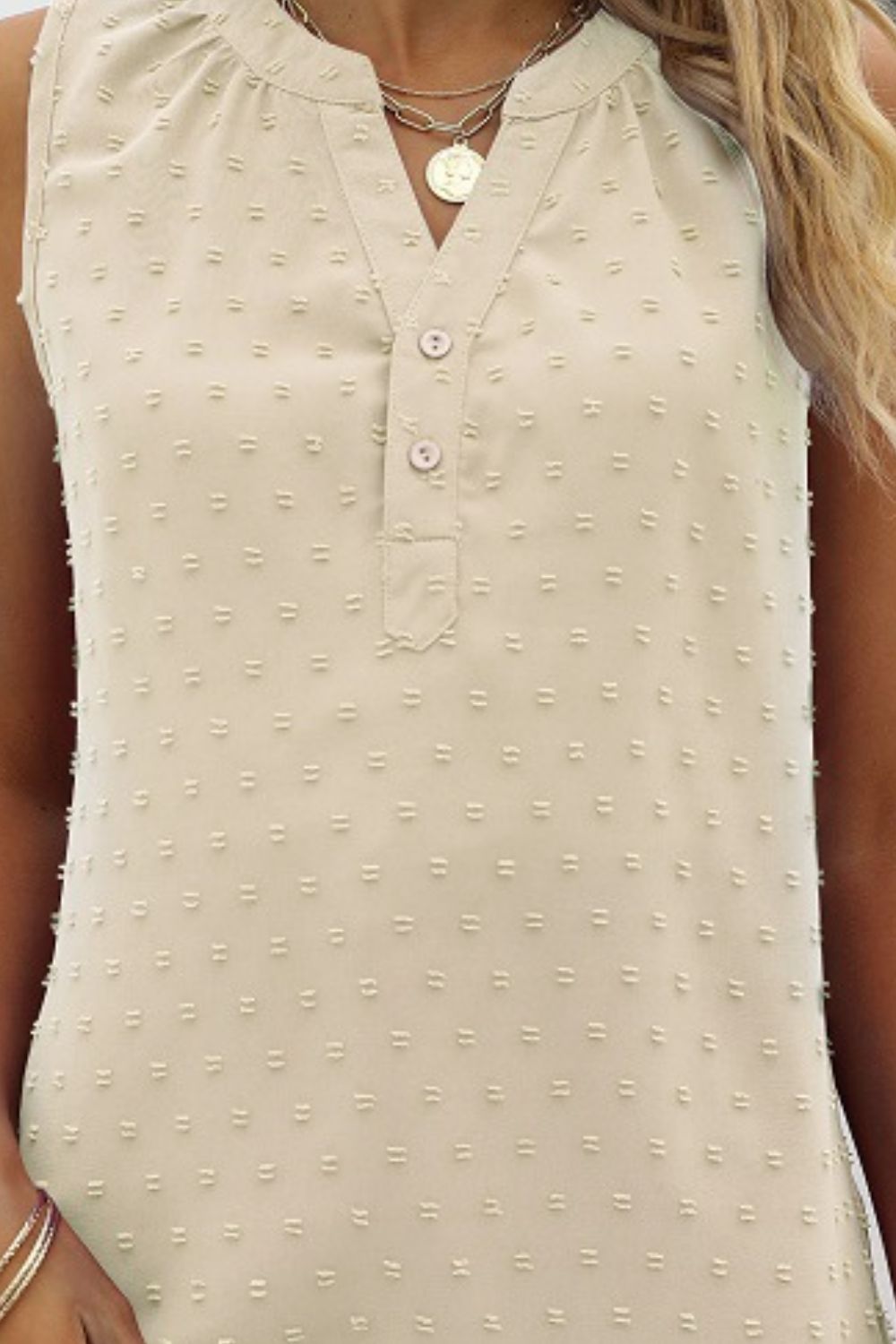 Cream swiss-dot notched-neck tank with button placket