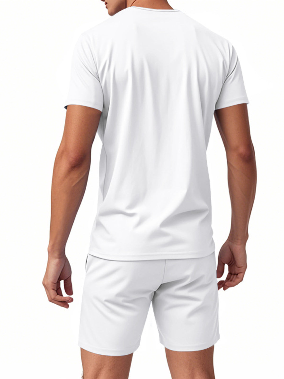Men's white V-neck stretch tee and shorts set, back view