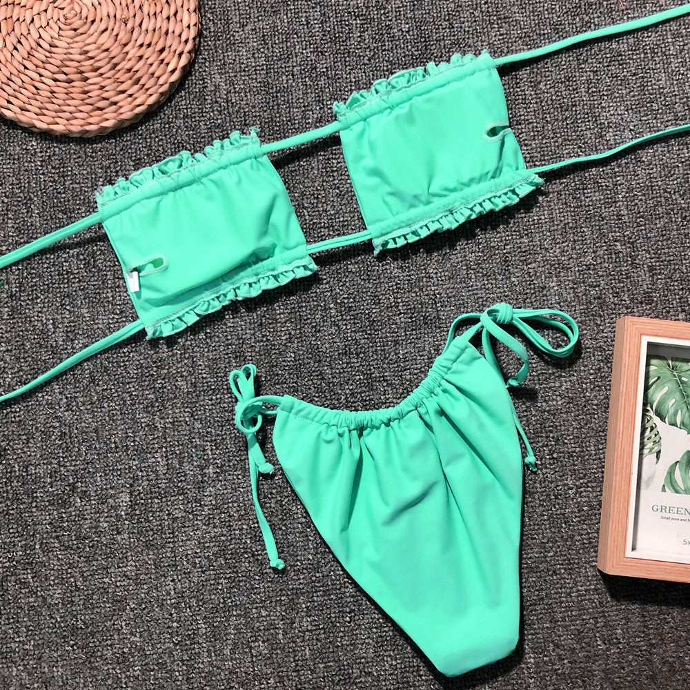Ruched frill-trim bikini set in teal: bandeau top and ruched string bikini bottom