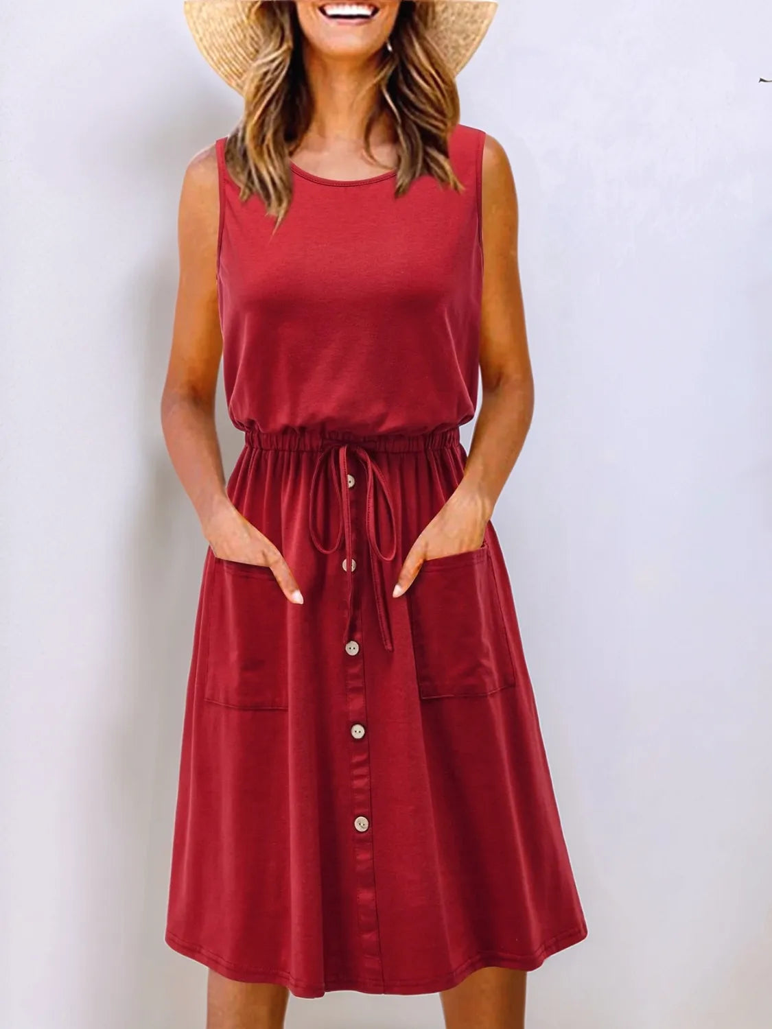 Full Size Round Neck Sleeveless Tank Dress Plus Size red with drawstring waist and pockets by Trendsi