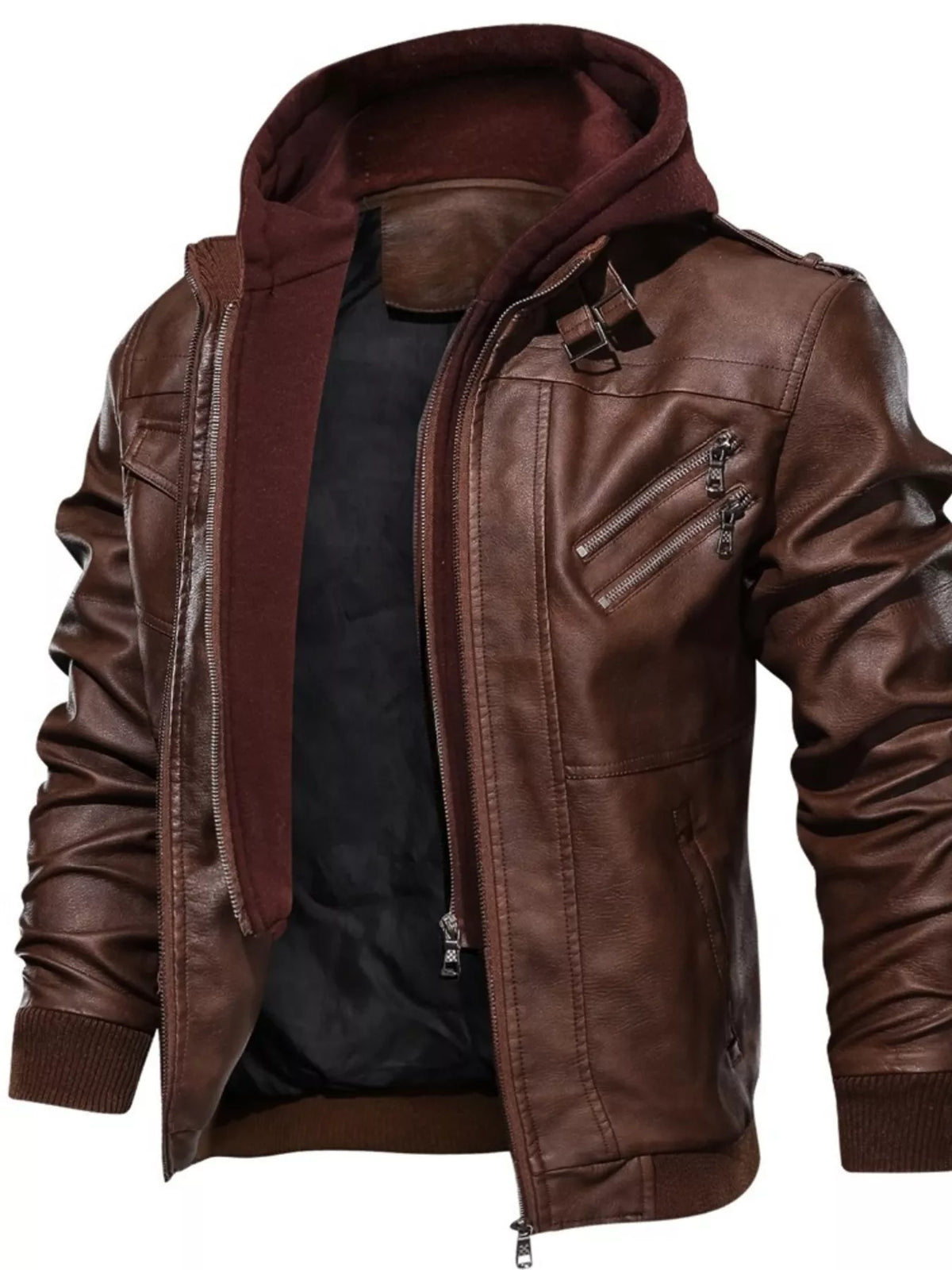 Men's hooded moto jacket in brown vegan leather, front view with hoodie lining and zip details