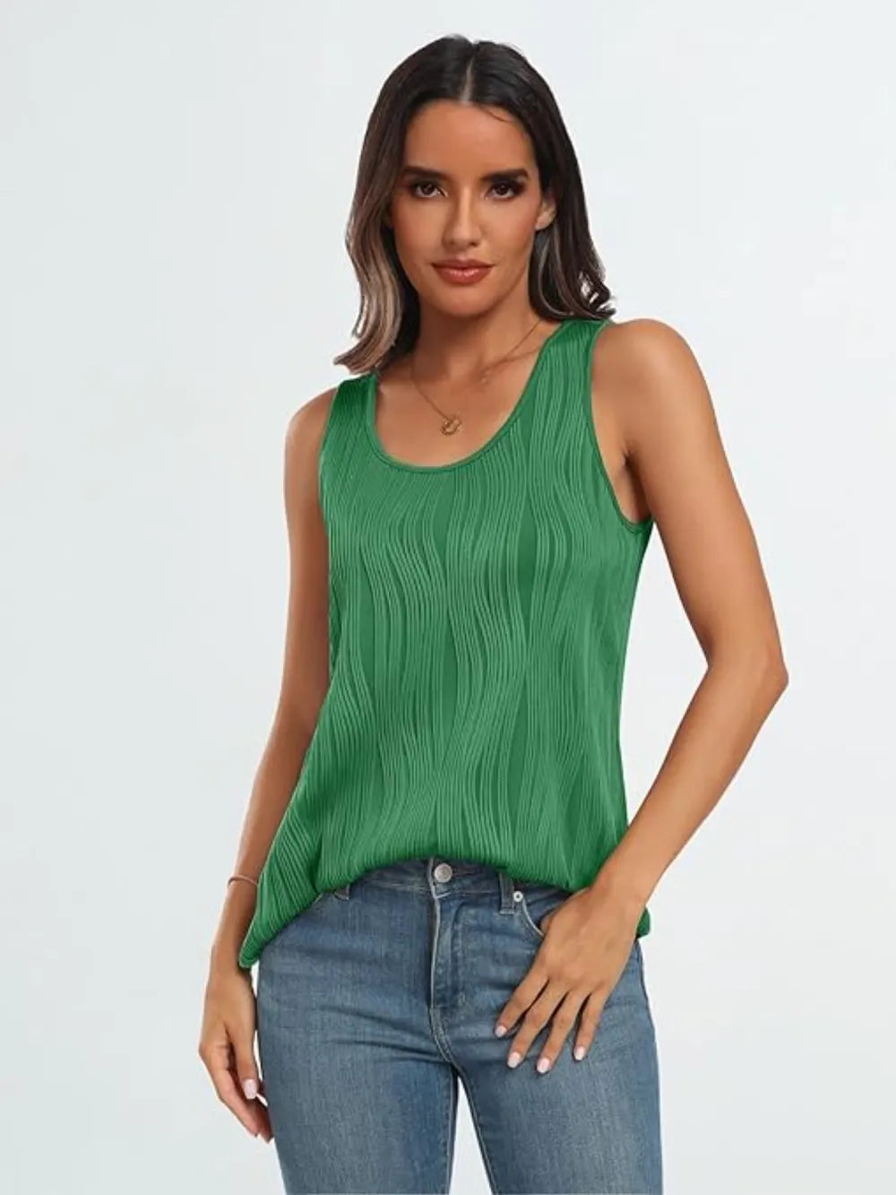 Dark green wide-strap tank with round neckline and vertical wavy textured fabric