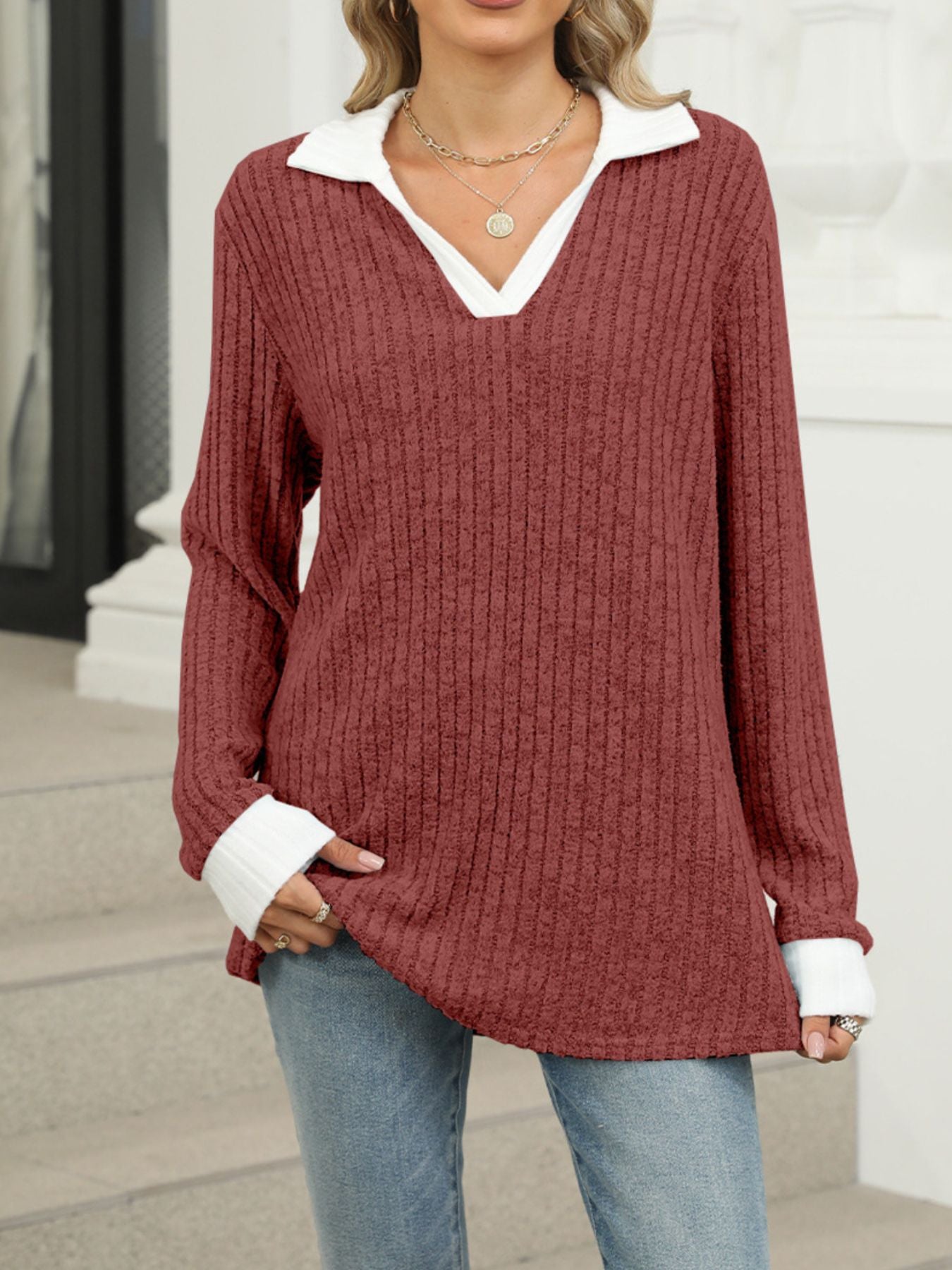 Cedar & Moore Ribbed knit long sleeve T-shirt in burgundy with white collar and cuffs, Trendsi