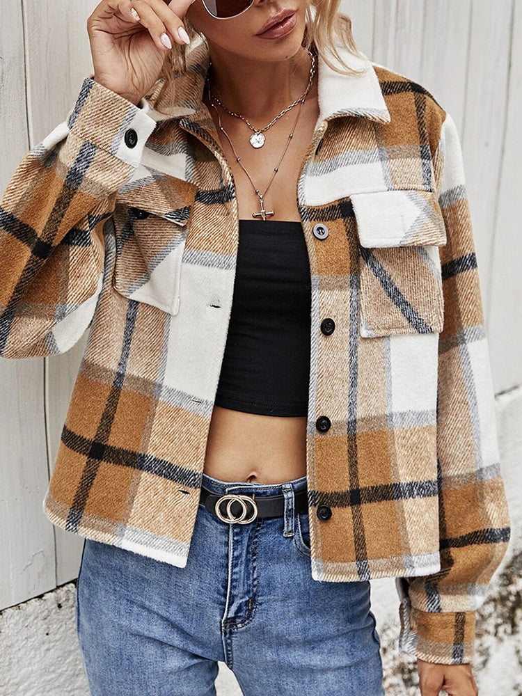 Camel plaid collared jacket with button front and fleece-trim collar, chest pockets