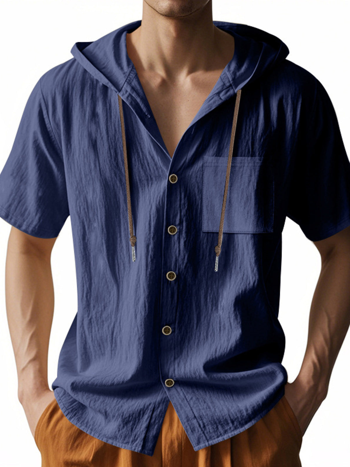 Men's navy hooded short-sleeve button-front shirt with drawstring
