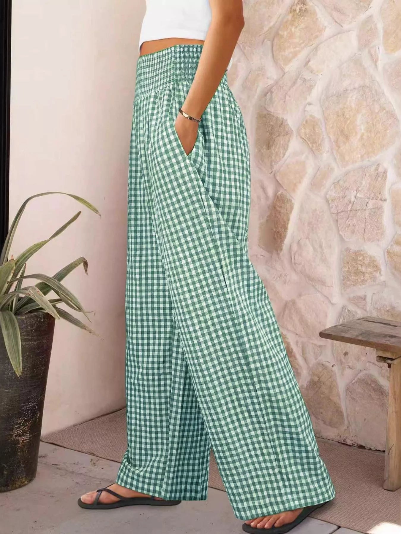 Teal gingham wide-leg pants with smocked back waistband opening