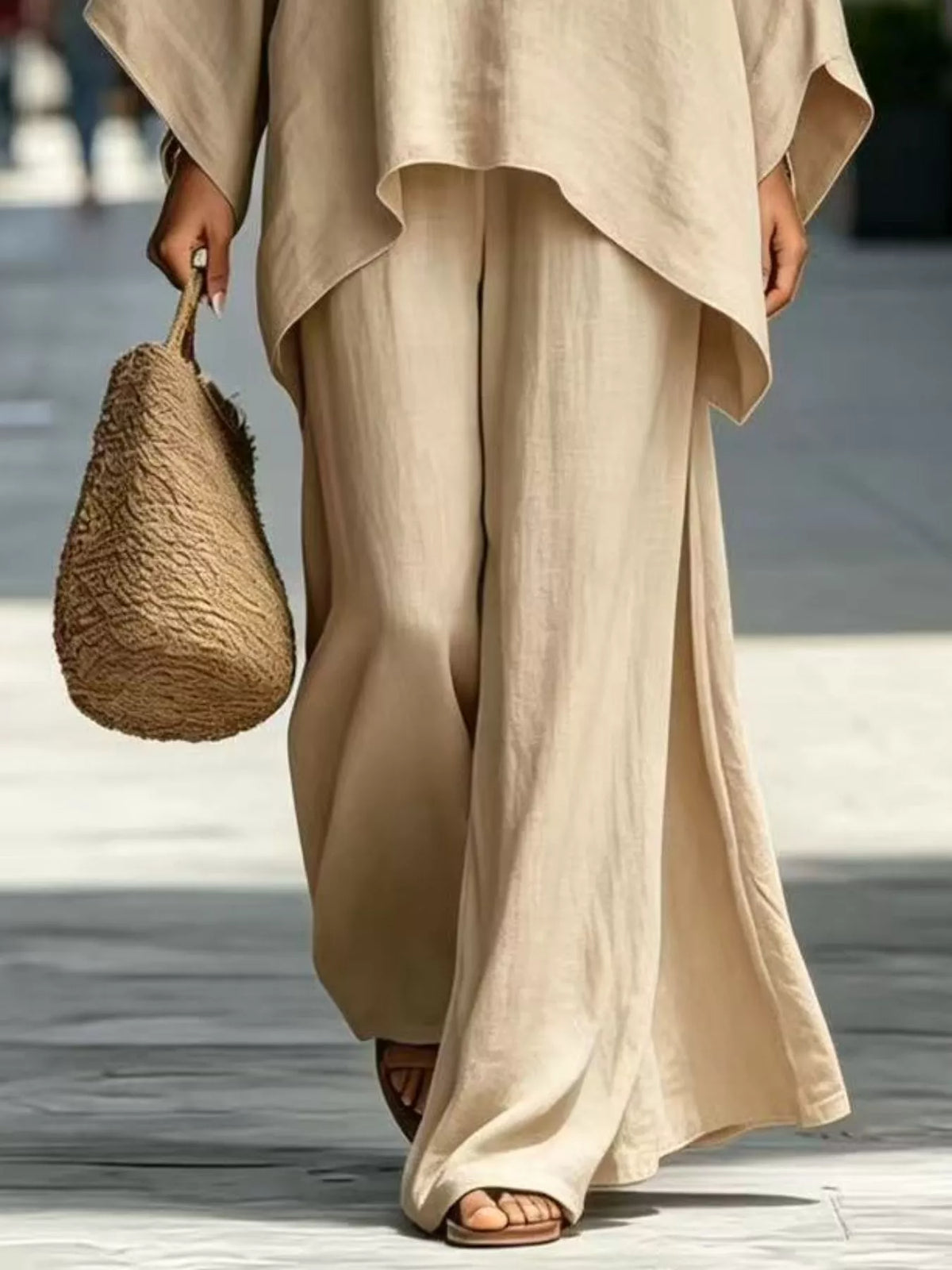 Two-piece batwing top and wide-leg pants set, light beige wide-leg pants with long drape
