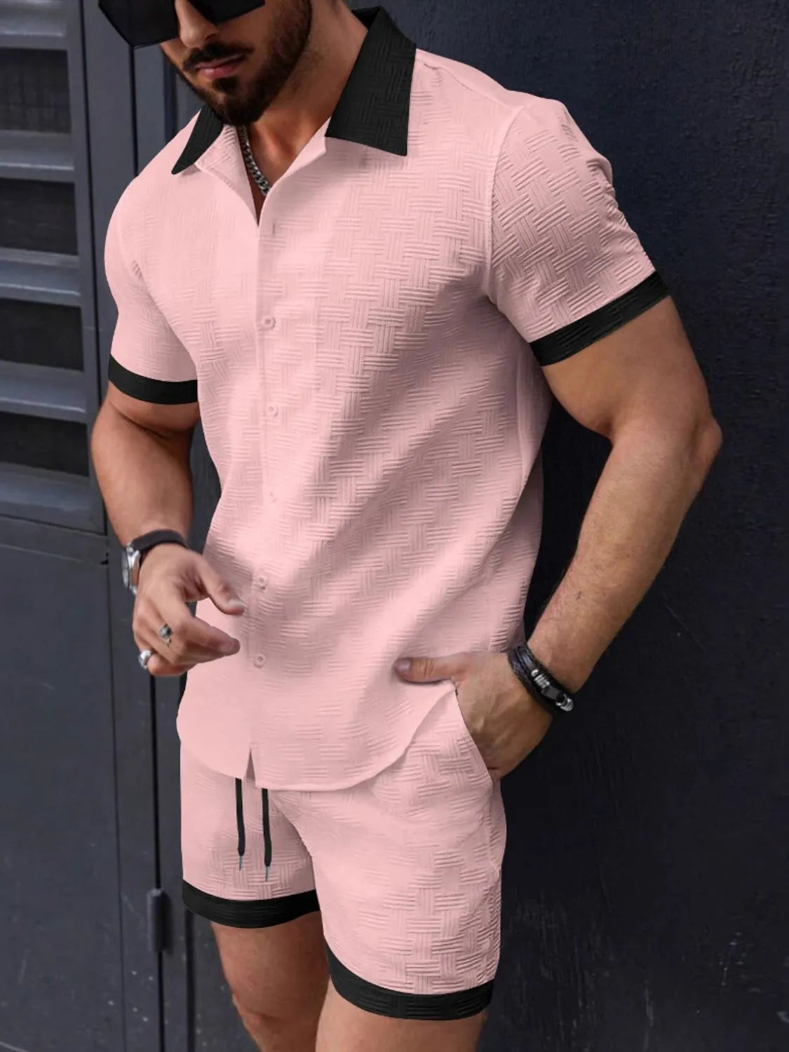 Men's dusty pink short-sleeve button shirt and matching shorts set, subtle textured fabric