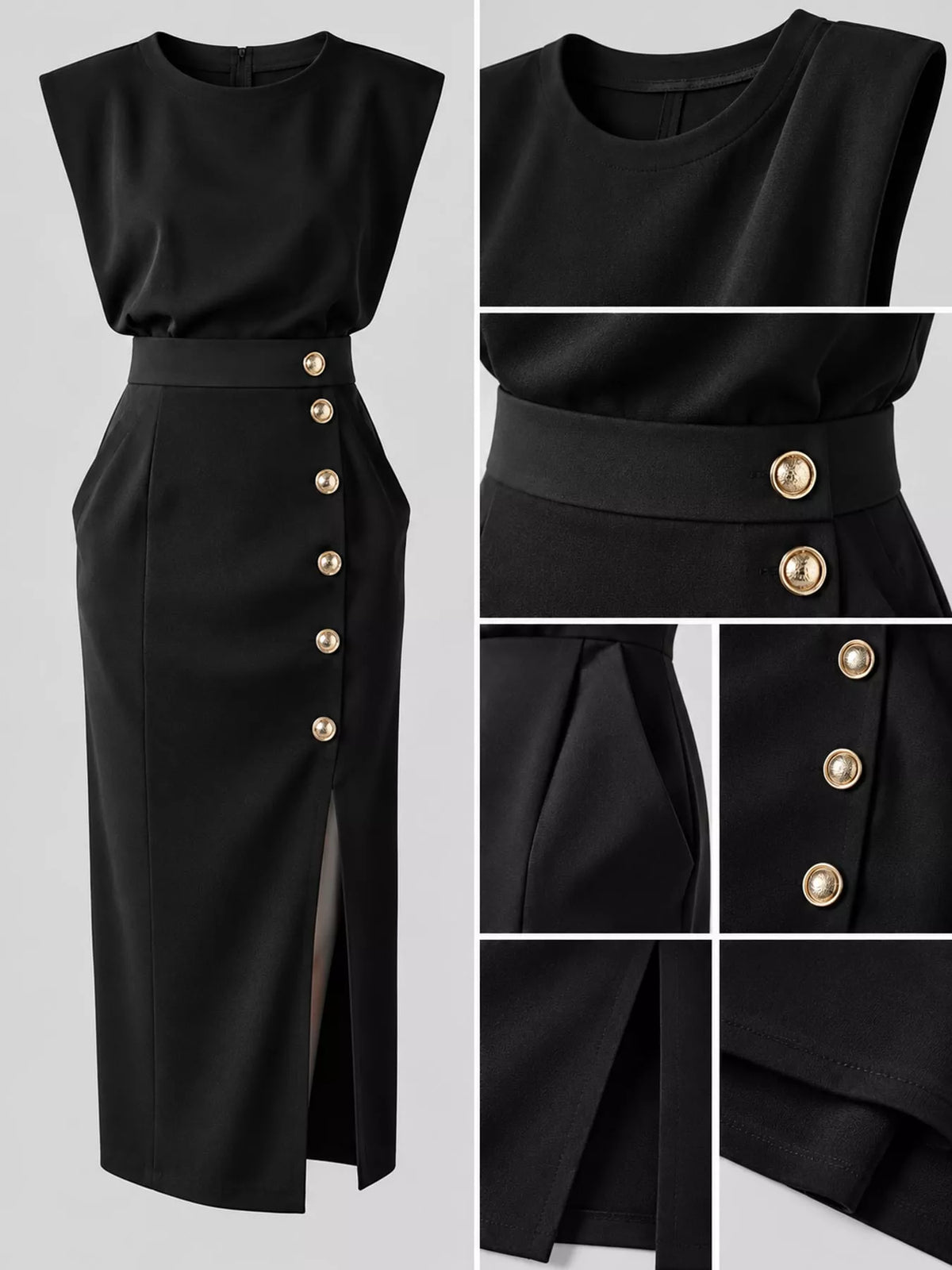 Black sleeveless midi dress detail: waist belt and gold button side slit