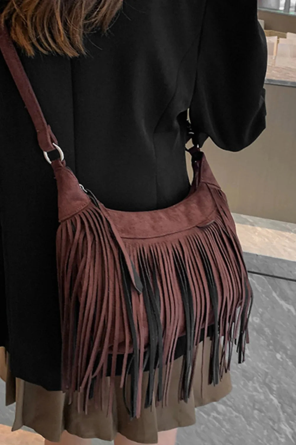Brown suede fringe shoulder bag with adjustable strap