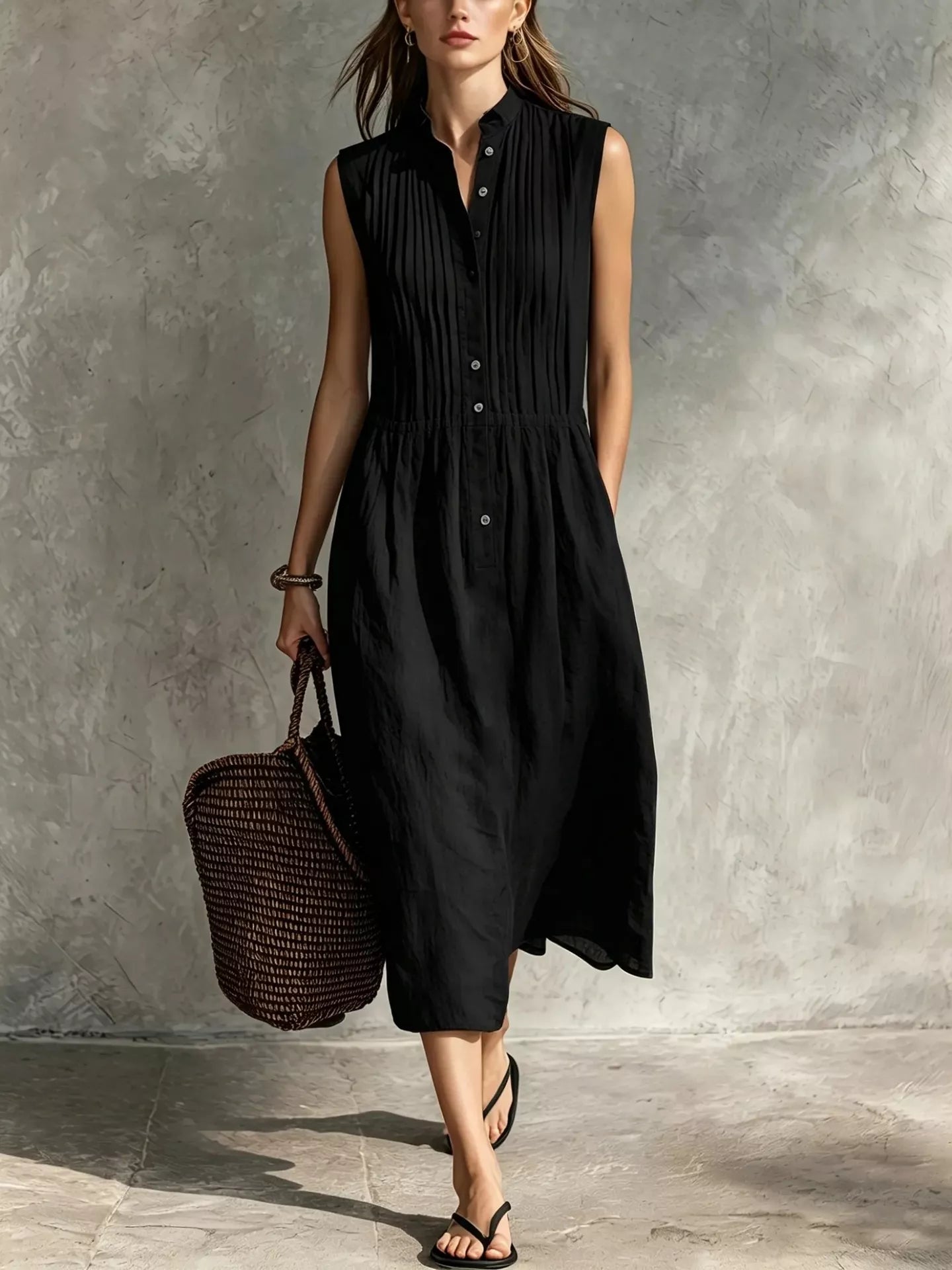Black sleeveless button-front midi dress with vertical pleats and gathered waist