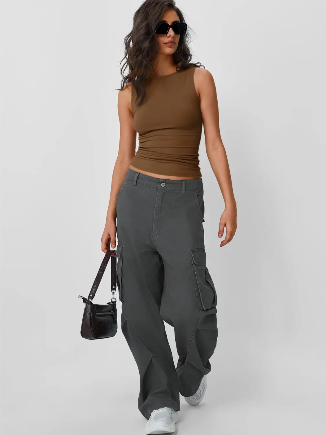 Solid round neck tank, brown, sleeveless fitted crew neck
