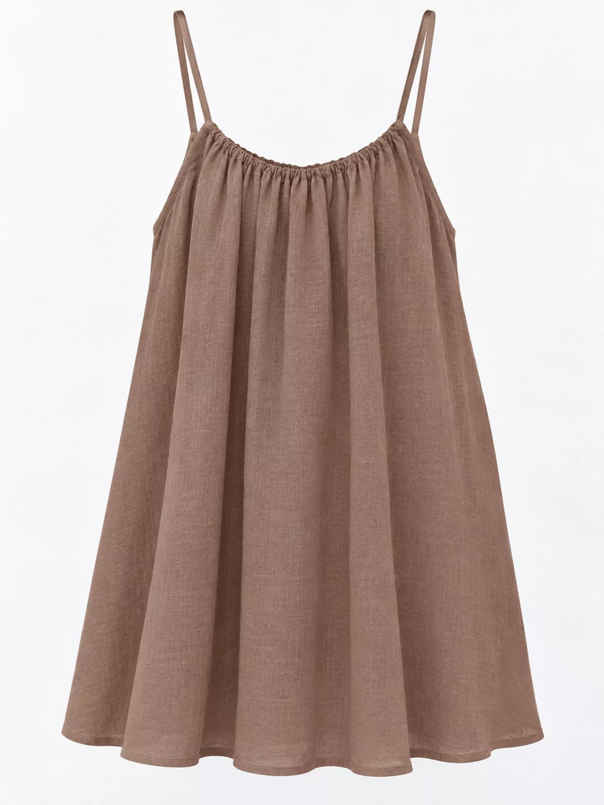 Taupe spaghetti strap mini dress with gathered neckline and flared skirt