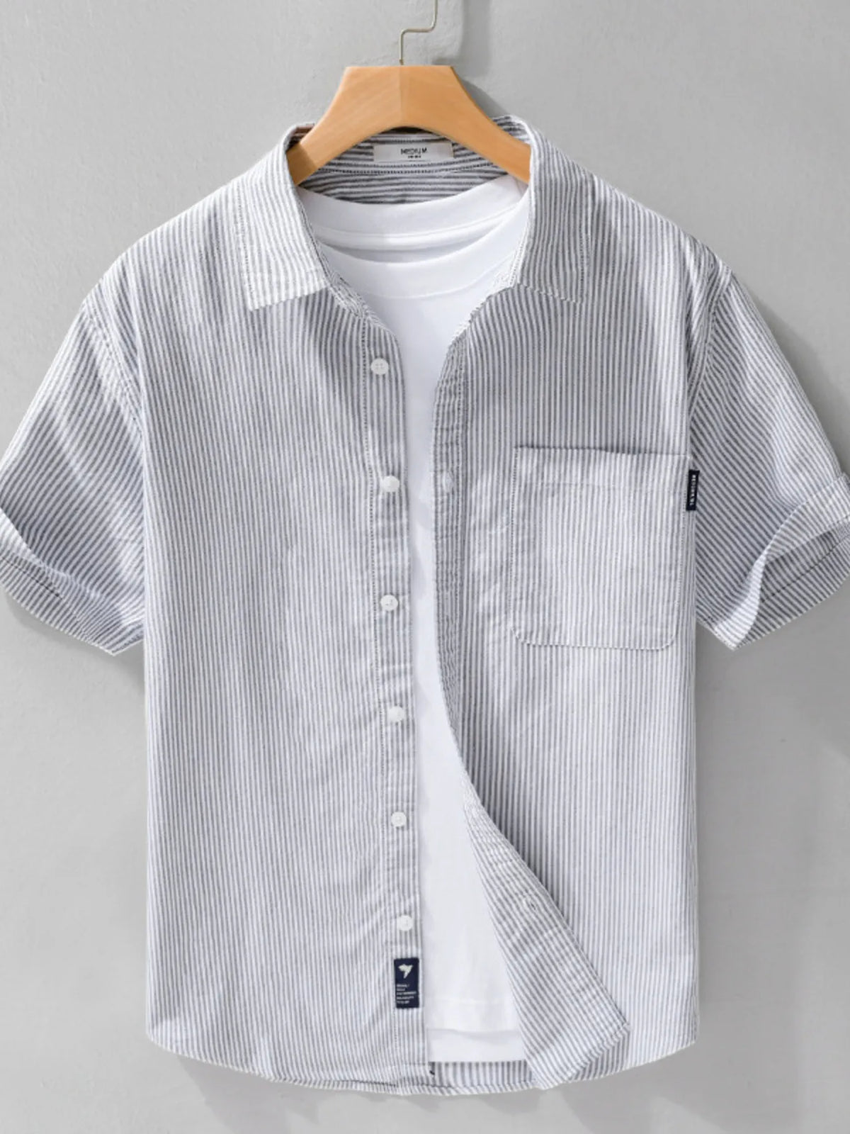 Men's striped short-sleeve button shirt, gray and white vertical stripes