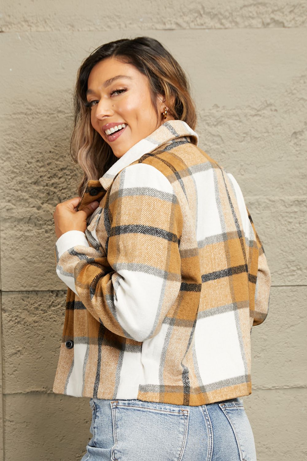 Camel plaid collared jacket with button front and fleece-trim cuffs, chest pockets