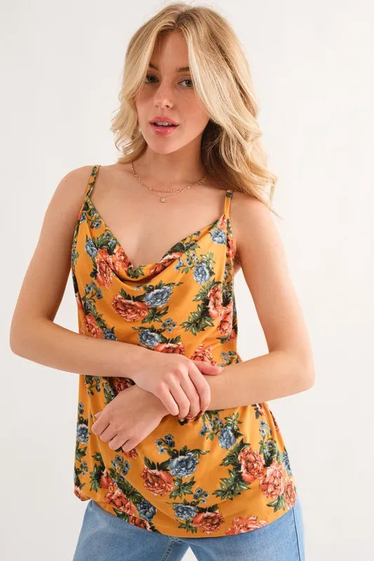 Mustard floral printed tank top with thin spaghetti straps and V-shaped cowl neckline