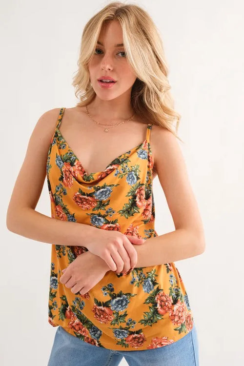 Mustard floral printed tank top with thin spaghetti straps and V-shaped cowl neckline