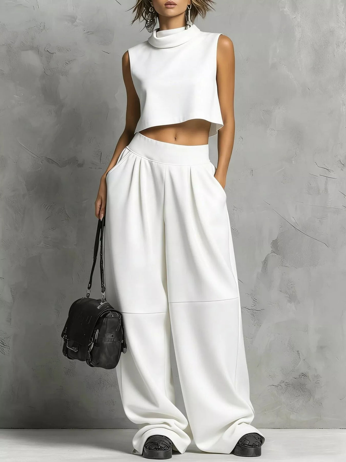 Sleeveless mock crop top and sweatpants set, white sleeveless high-neck crop top and wide pants