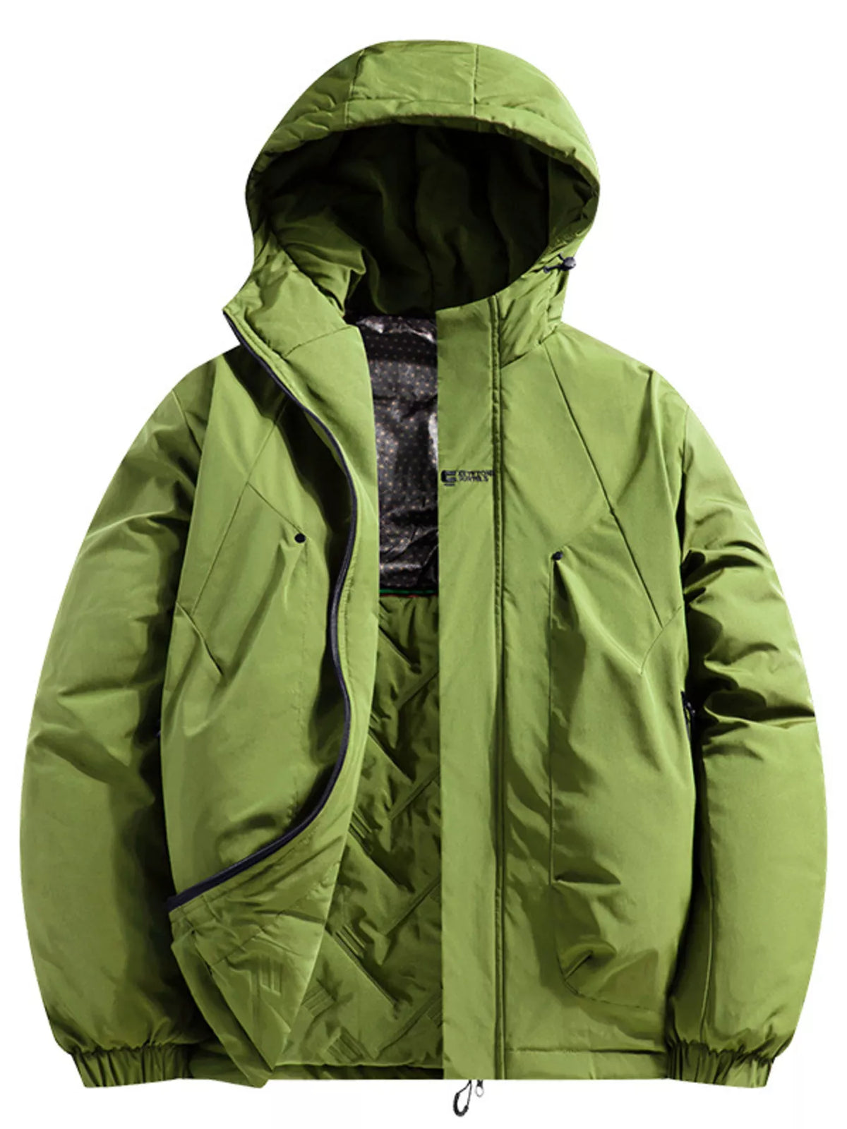 Yellow-green hooded padded winter jacket with full-zip and side pockets