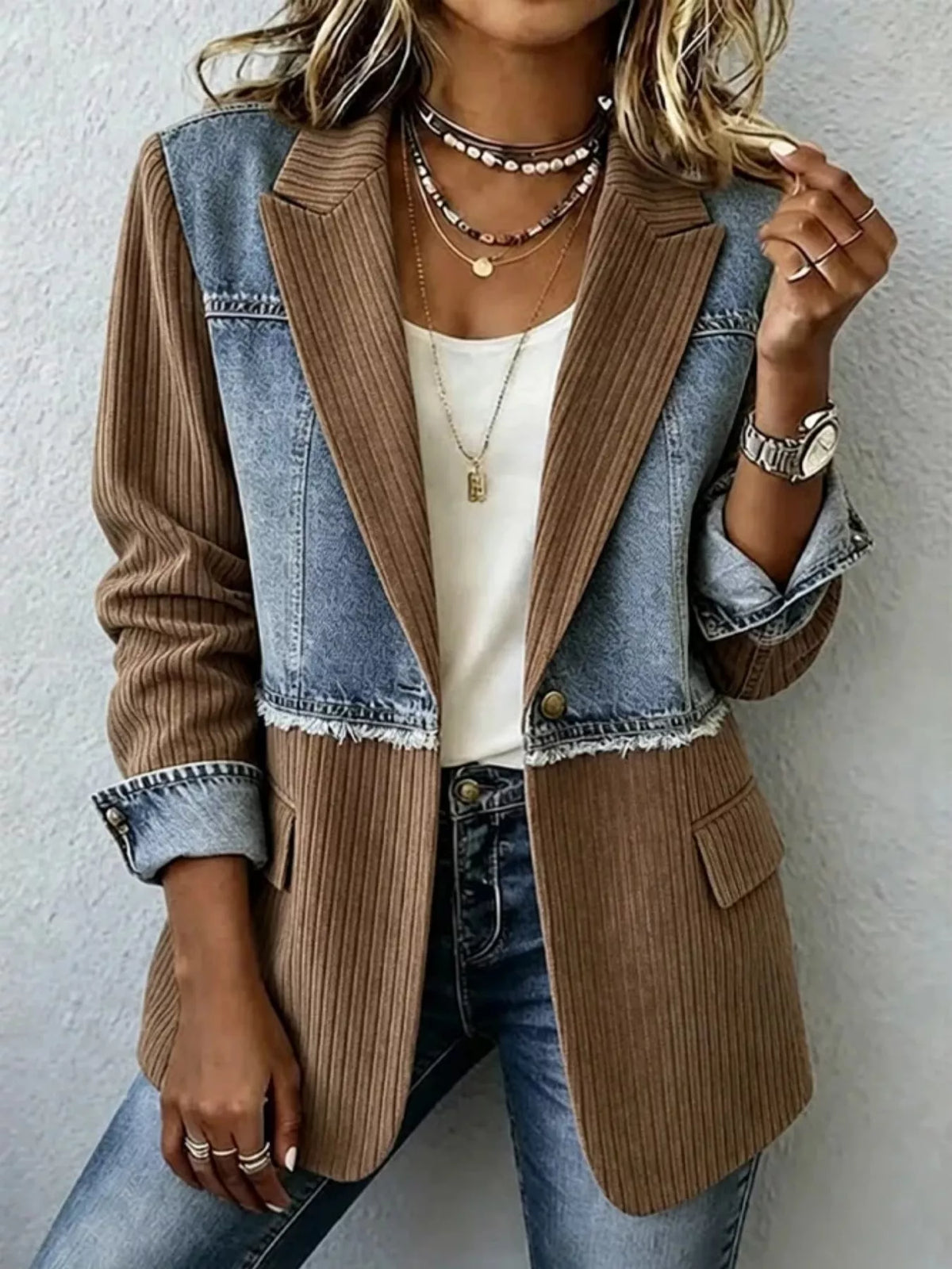 Brown and blue denim patchwork blazer with ribbed fabric, notch lapels, and flap pocket.