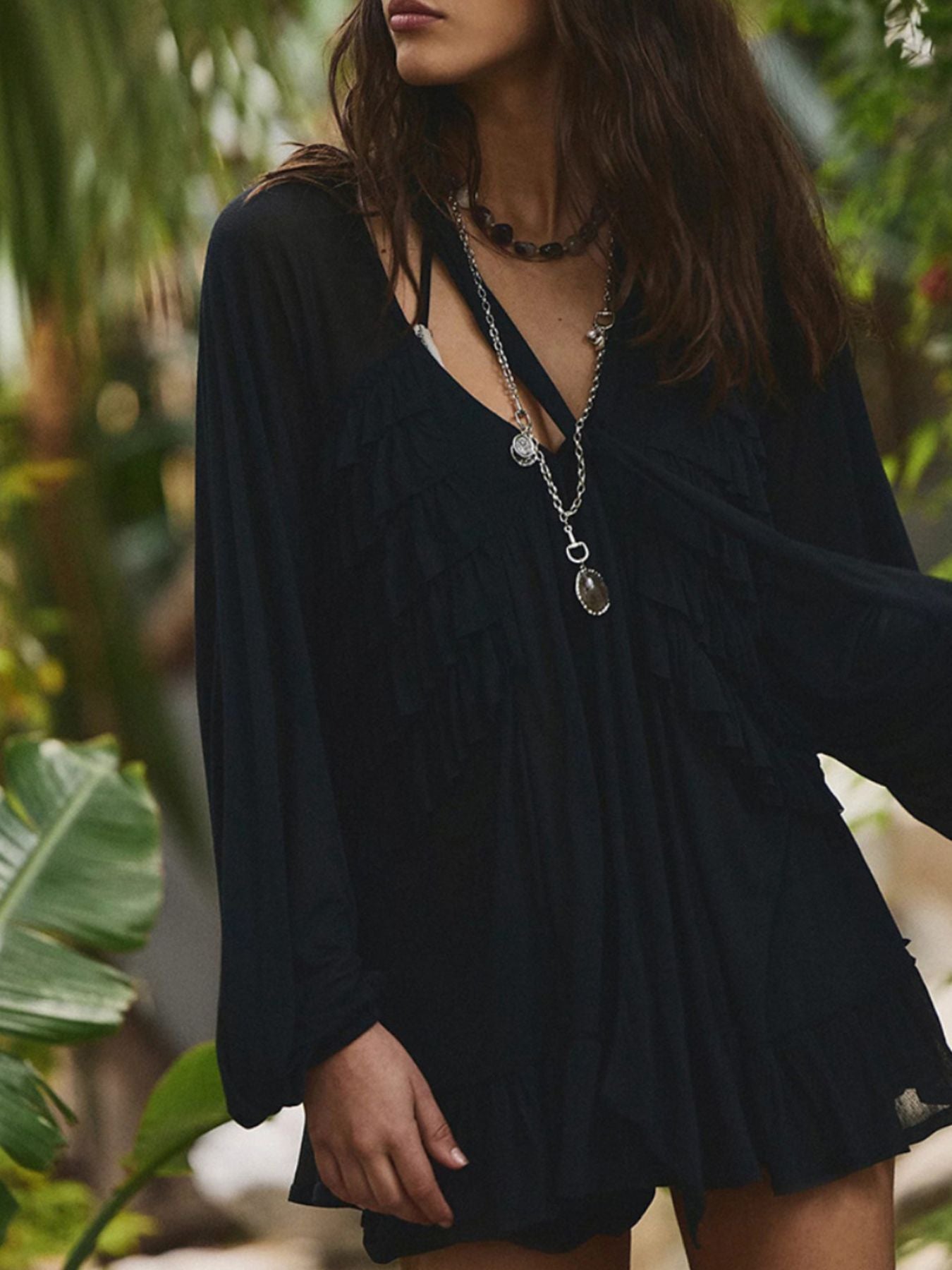 Cedar & Moore Sheer Ruffle Trim Beach Cover-Up by Trendsi in black with long sleeves