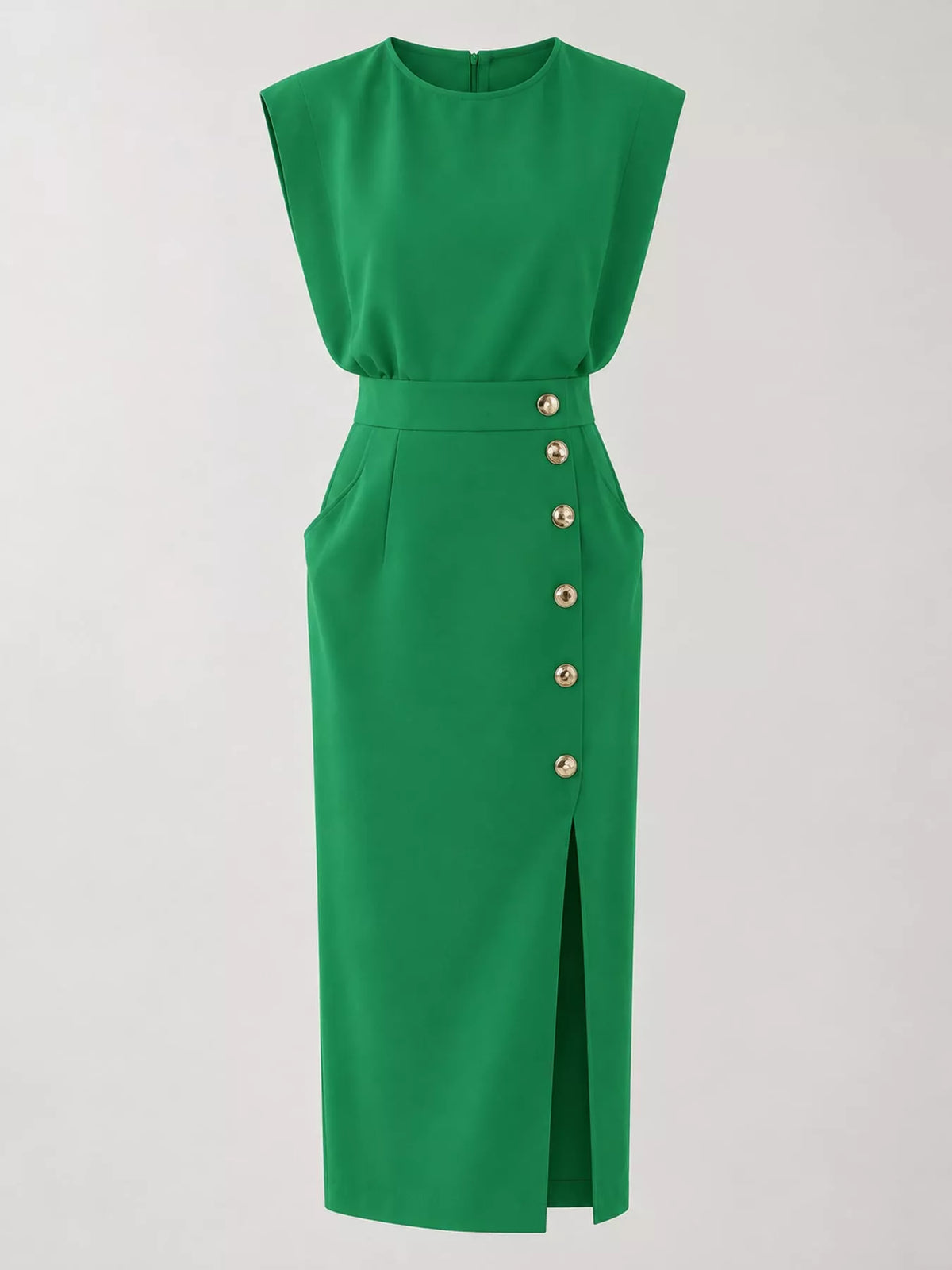 Green sleeveless midi dress with gold button front and front slit