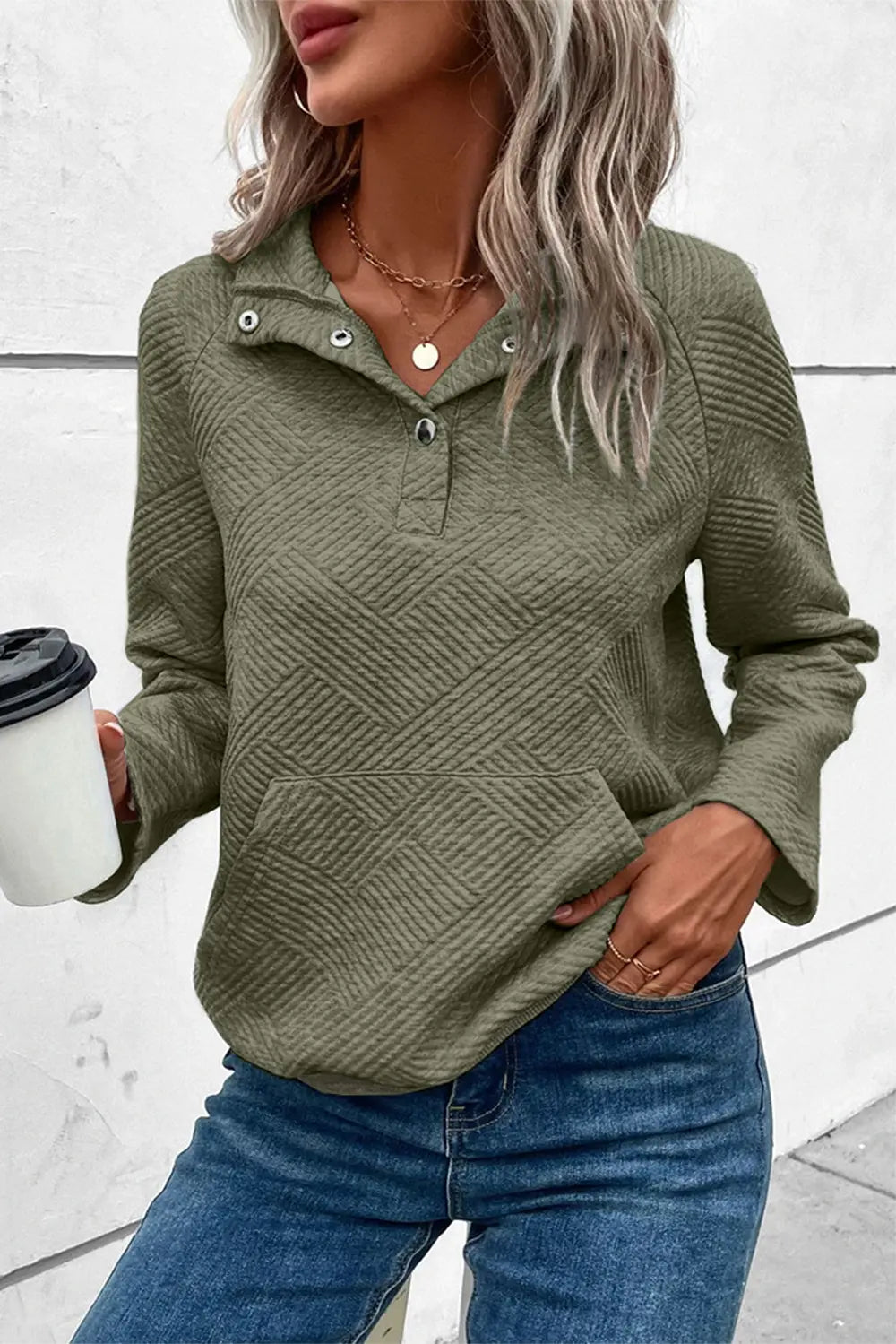 Sage green snap-button long-sleeve sweatshirt with diamond-textured pattern