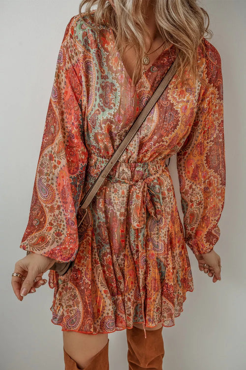 Paisley print long-sleeve mini dress with V-neck and tie waist, orange multicolor