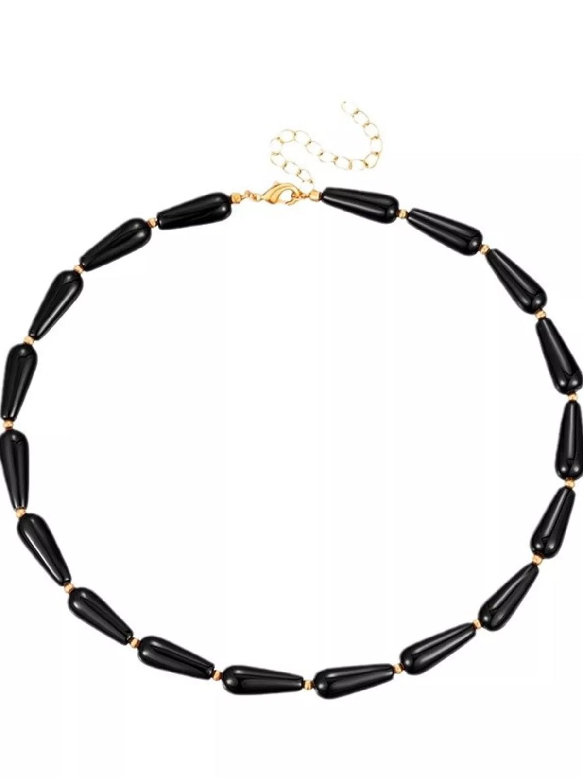 Black teardrop bead necklace with gold-tone chain and adjustable clasp