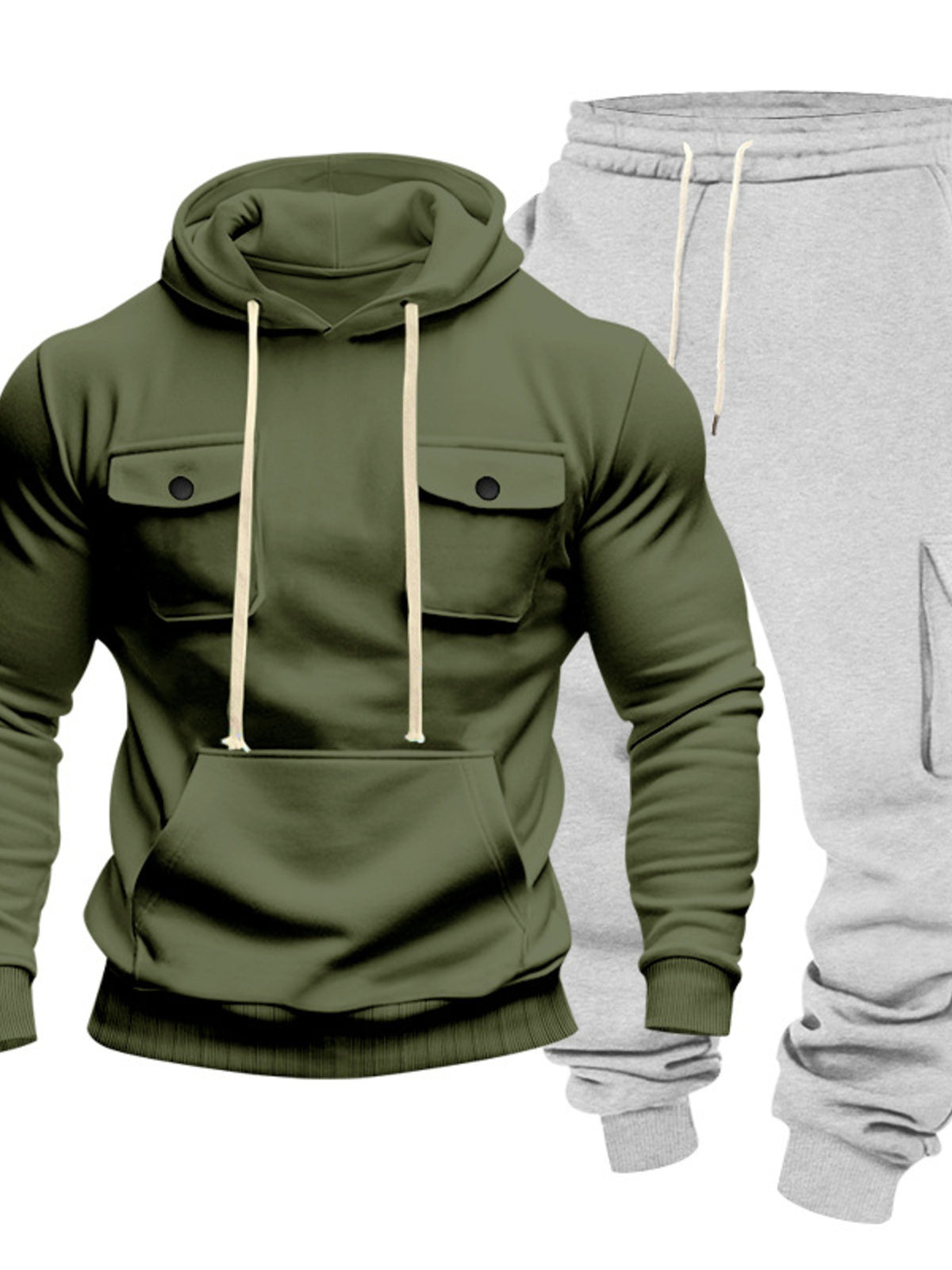 Two-piece kangaroo hoodie set: army green hoodie and light gray sweatpants, studio close-up