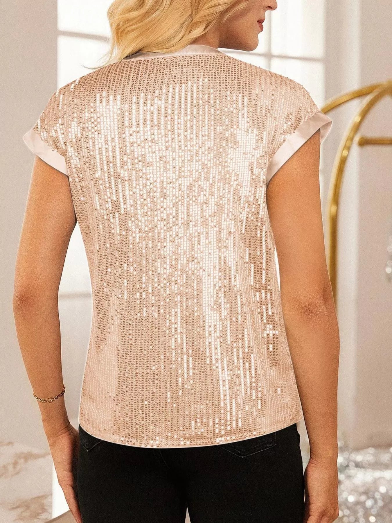Sequin notched-cap-sleeve blouse in rose gold by Trendsi