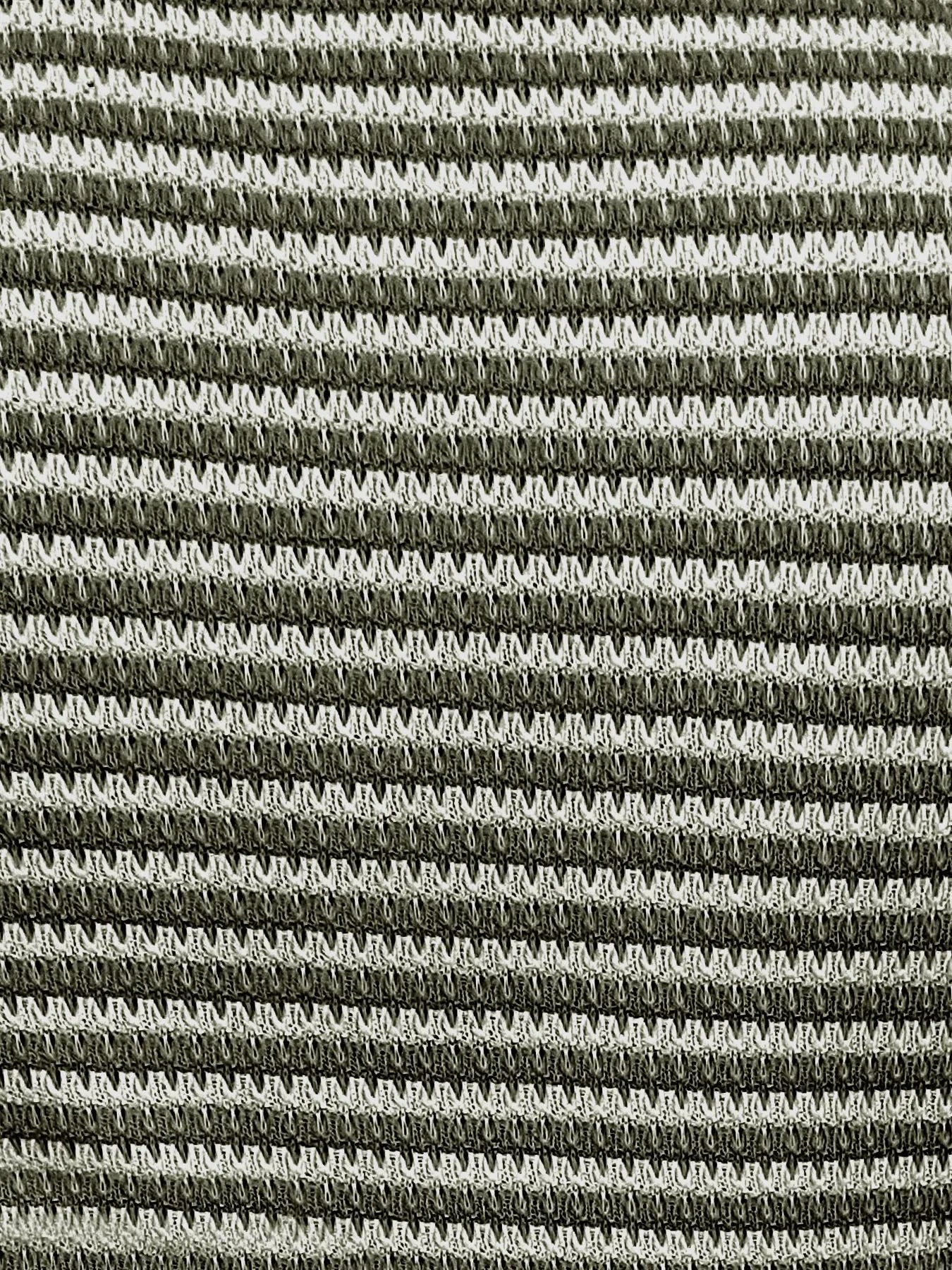 Close-up of green-and-cream striped knit tank top with button placket