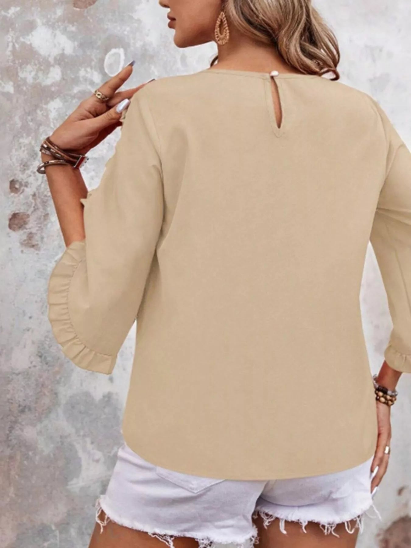 Ruffle Sleeve Solid Color Blouse beige with back keyhole and buttoned closure