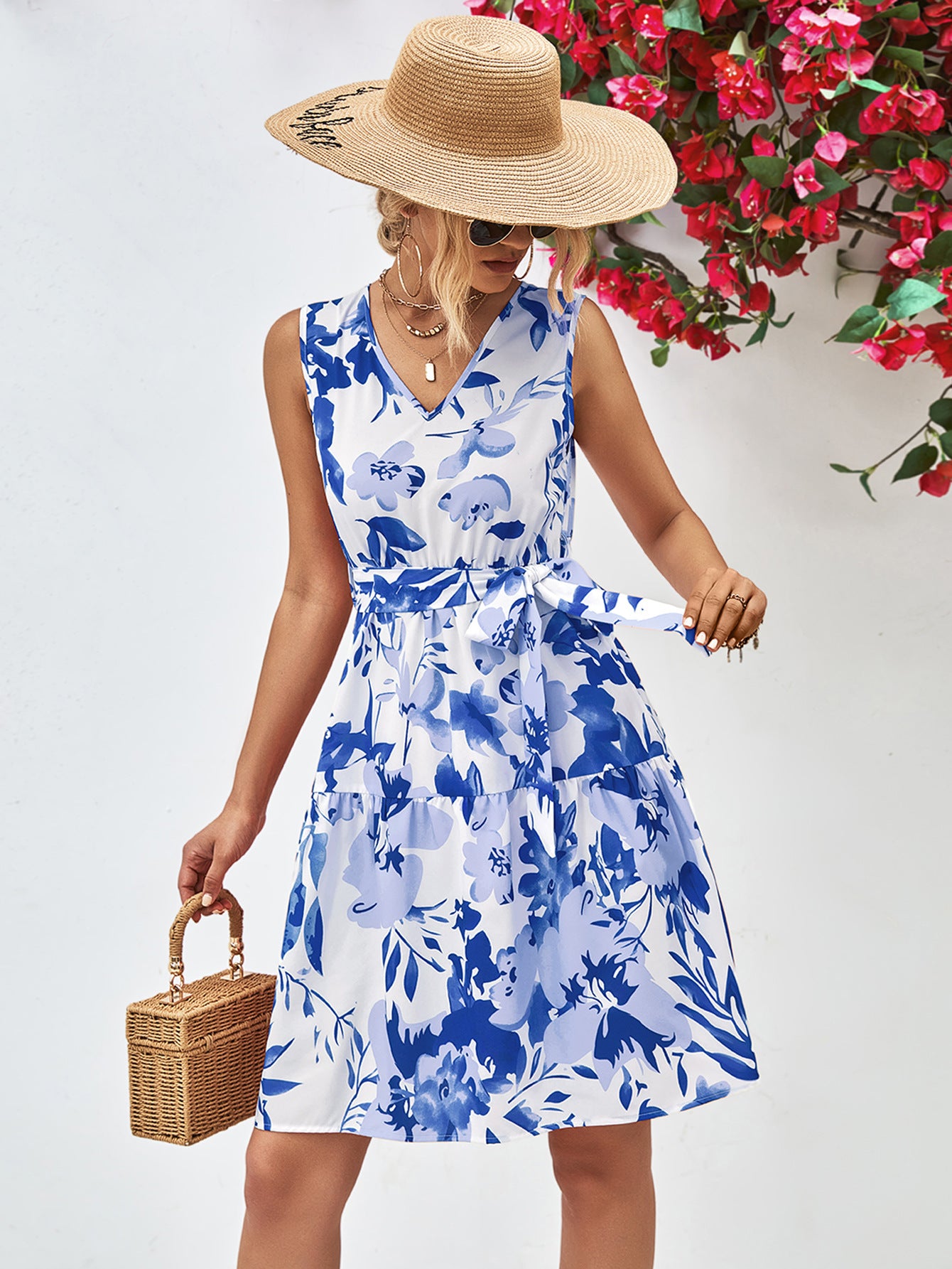 Floral V-neck sleeveless tie-waist dress, blue floral print, flared skirt
