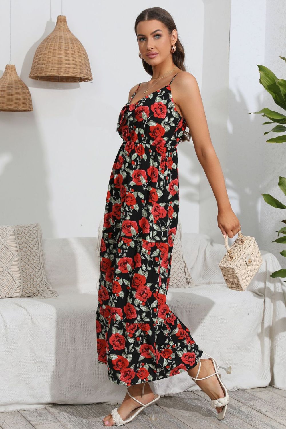 Spaghetti strap maxi dress, black base with red rose floral print