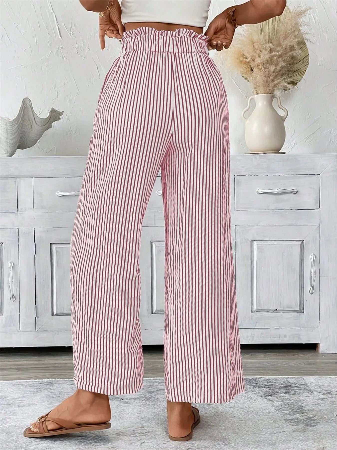 Striped paper bag waist wide-leg pants, dusty pink and white pinstripe, full length