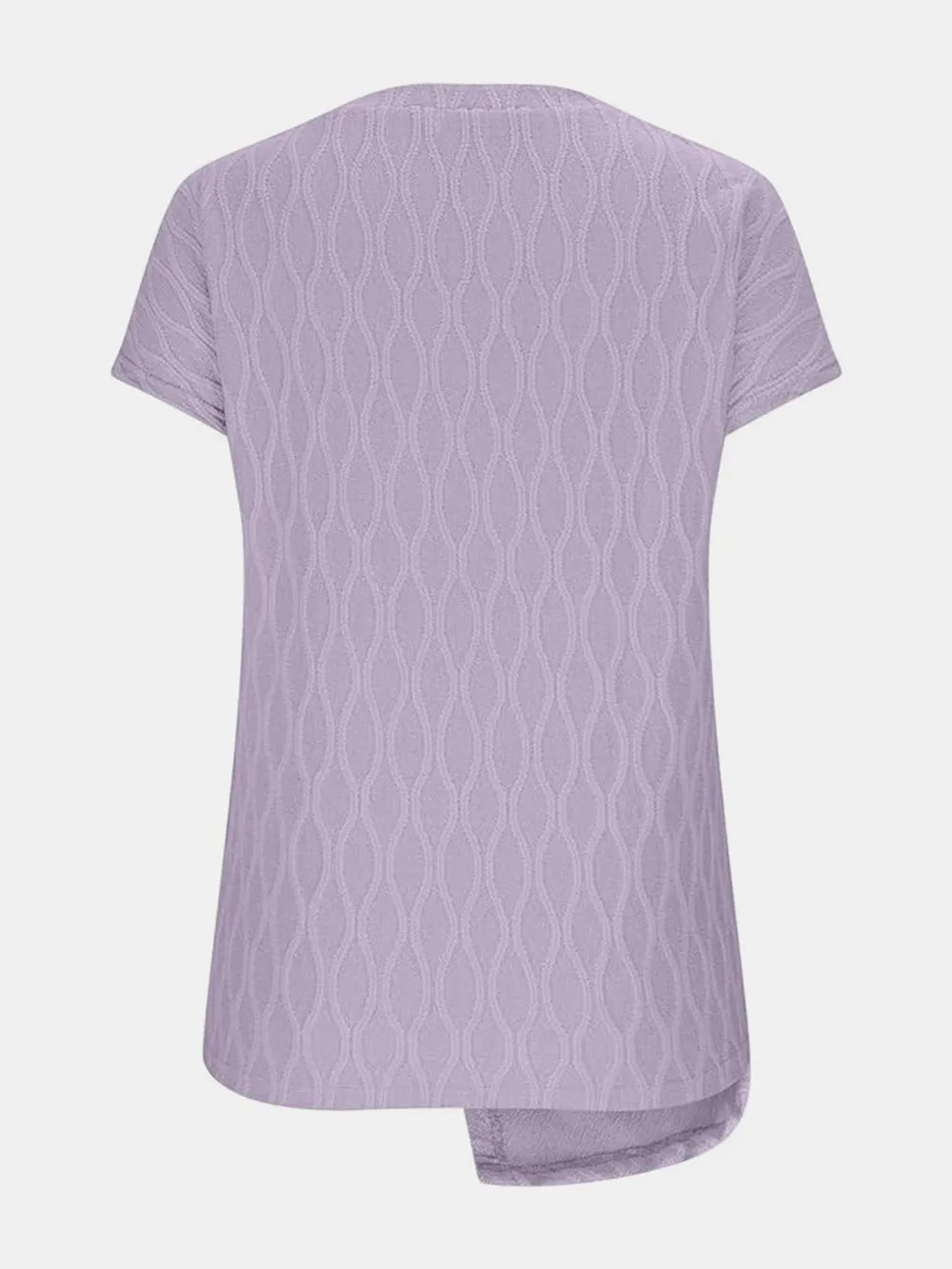 Round-neck short-sleeve T-shirt in lavender, back view with curved hem