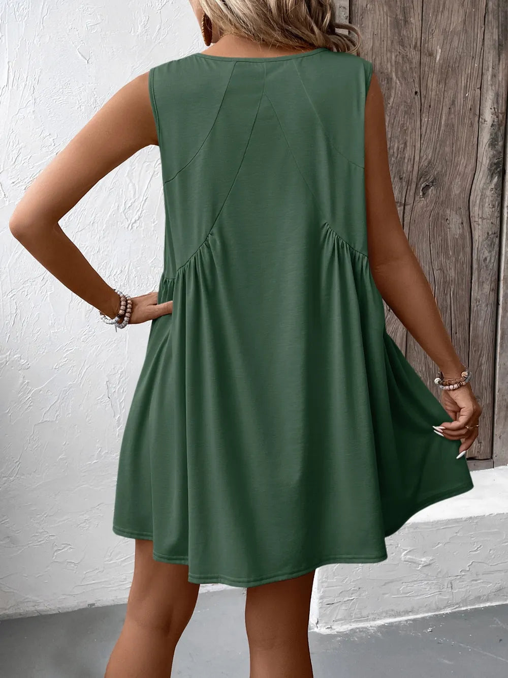 Ivy Lane Ruched V-Neck Sleeveless Mini Dress in green by Trendsi