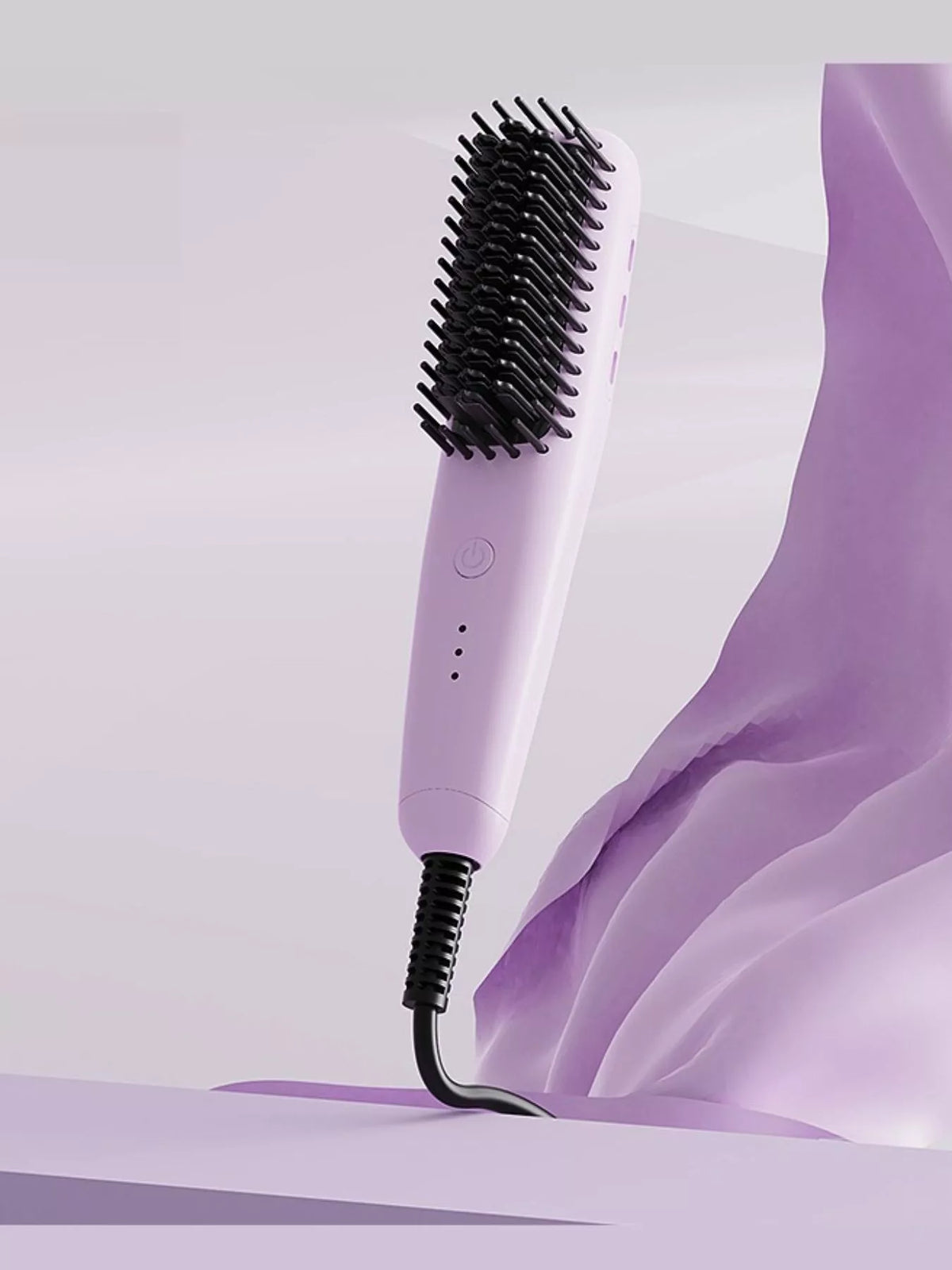 Lilac heated straightening comb with black bristles and power indicator lights.