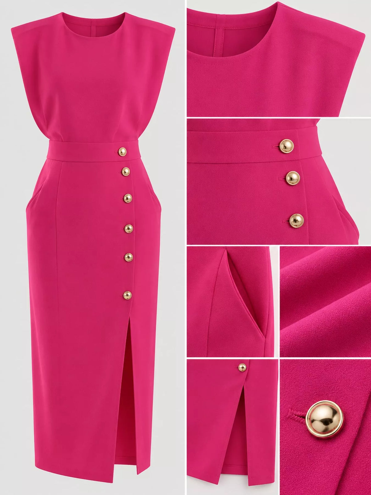 Pink sleeveless midi dress with gold buttons, waist belt, and side slit