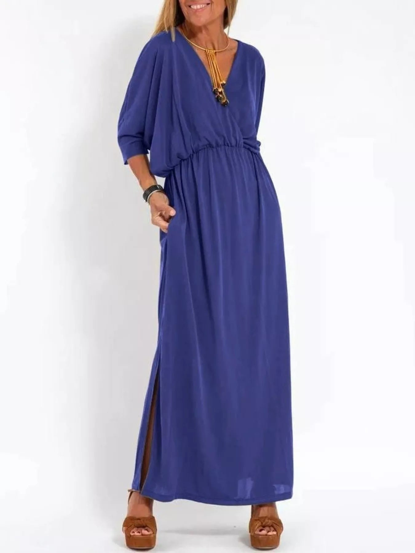 Blue V-neck batwing sleeve maxi dress with gathered waist and side slit