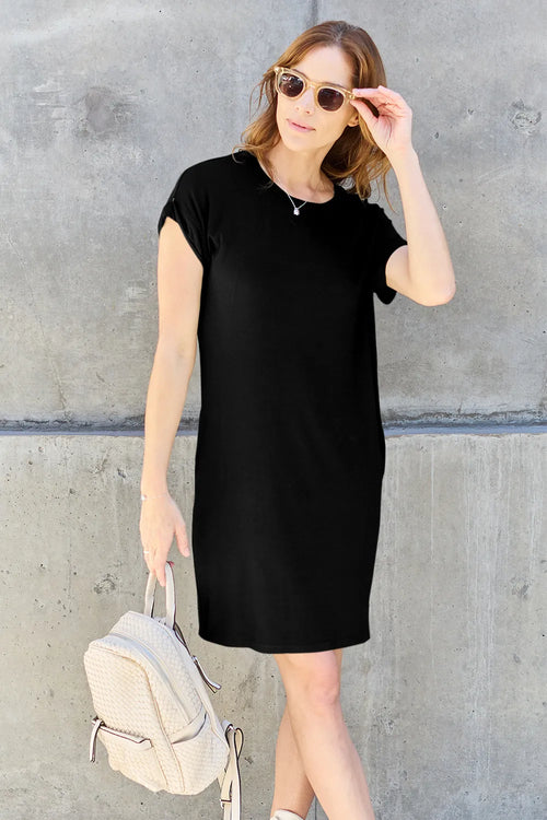 Black bamboo short-sleeve round-neck dress, front view, knee-length straight hem