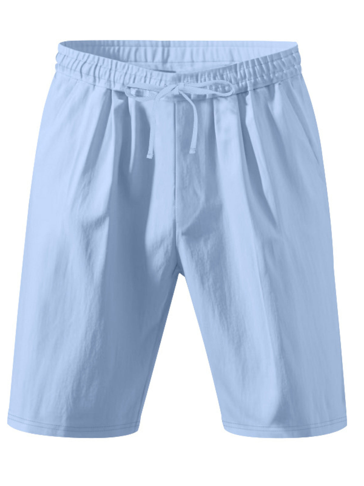 Men's lightweight drawstring shorts in light blue with elastic waistband and drawcord