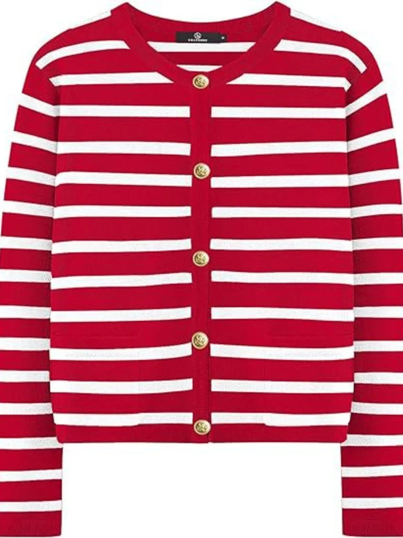 Red-and-white striped button-up cardigan top with V-neck and gold button details