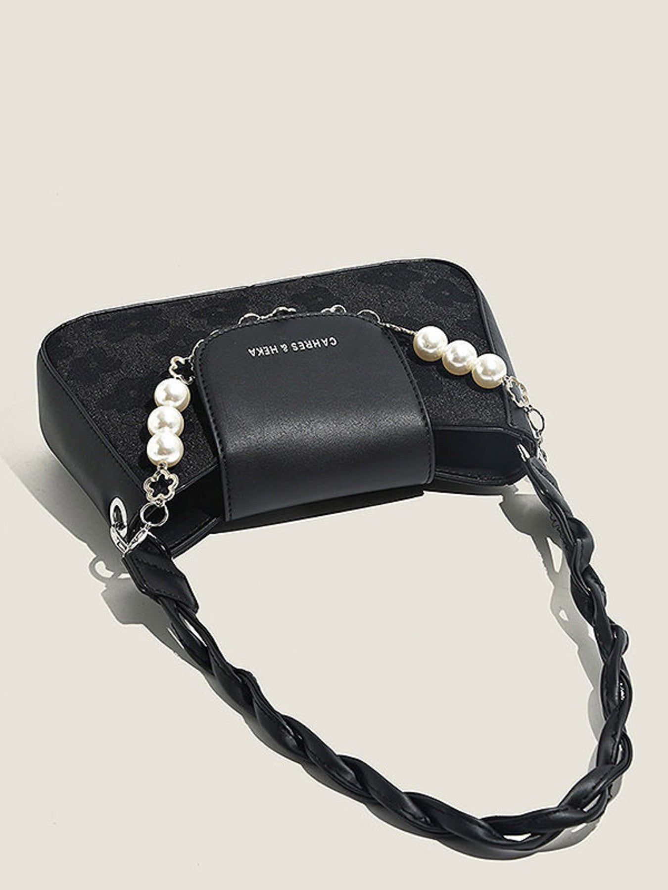 Pearl Chain Decor Shoulder Bag, mini black PU leather with braided strap