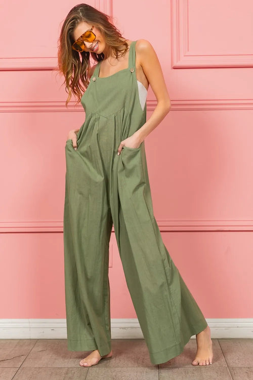 Dust sage ruched wide-leg overalls with front pockets and adjustable straps