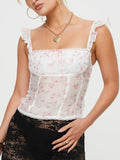 White floral ruffled square-neck cami with frilled straps and lace-up corset detail