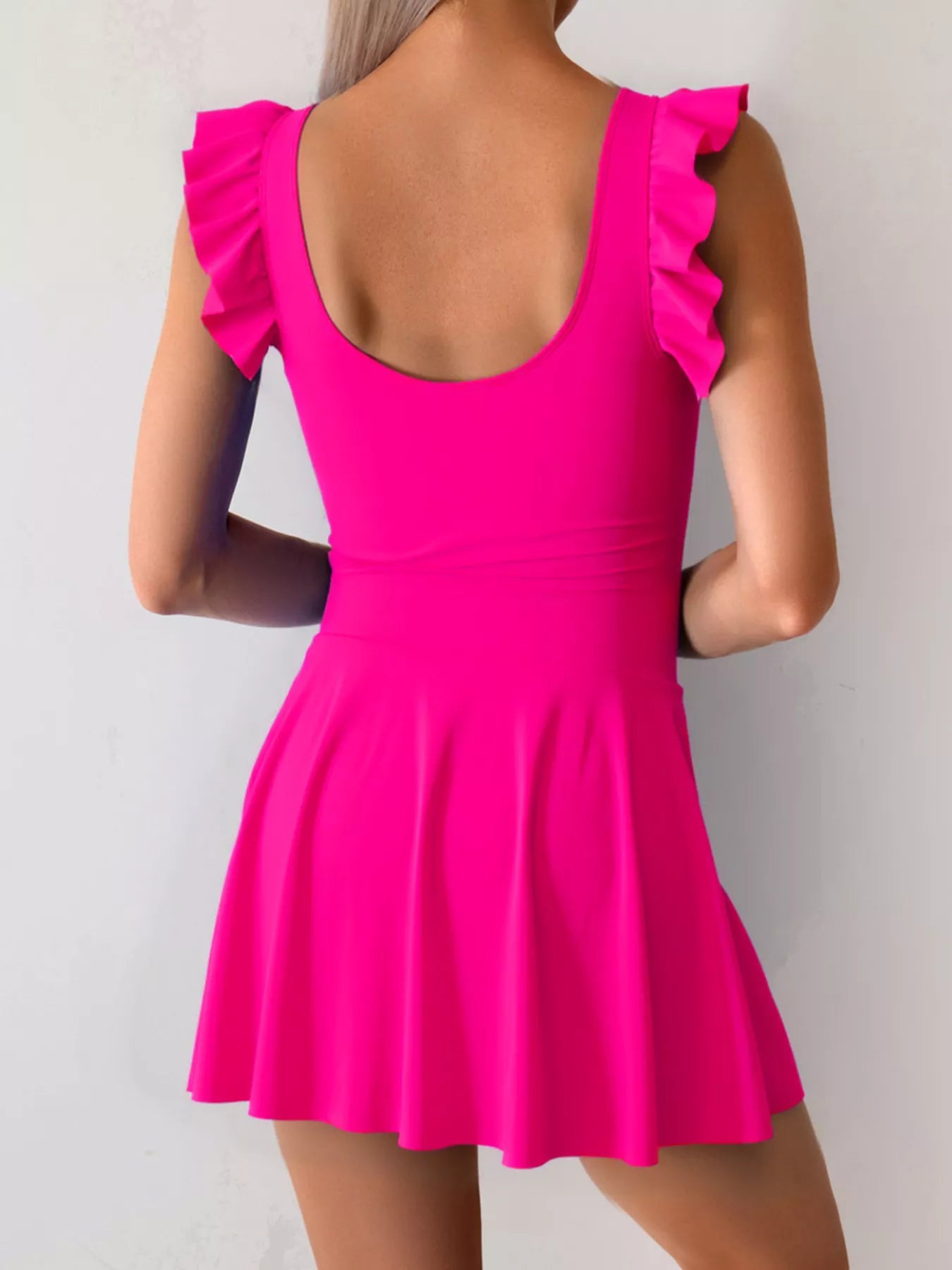 Ruffled Sleeve One-Piece Swim Dress in hot pink, back view with flared skirt